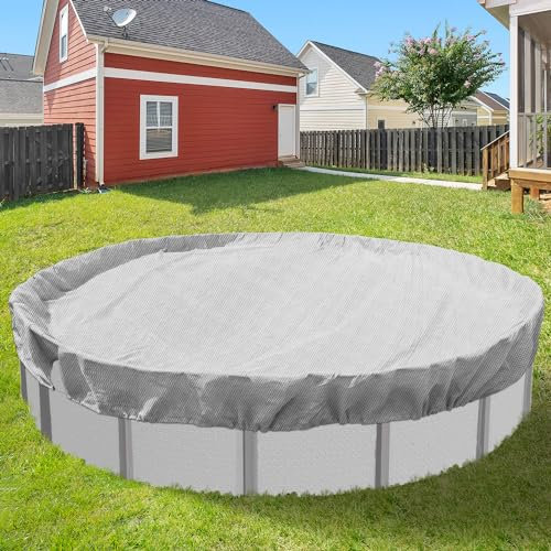Goleray Round Pool Cover fits 10FT Above Ground Pools, 14FT Winter Pool Covers with Clips Safety Cover with Drawstring Weather Protective for Outdoor Furniture Garage, Light Gray