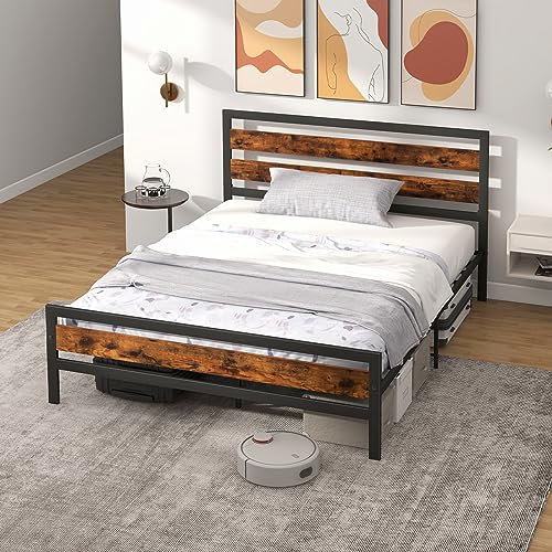 COSTWAY 4FT6/5FT Metal Bed Frame, Double/King Platform Bed Base with Wood Headboard, Footboard & 31cm Underbed Storage, Industrial Metal Slat Support Mattress Foundation, Noise Free (King-208x160cm)