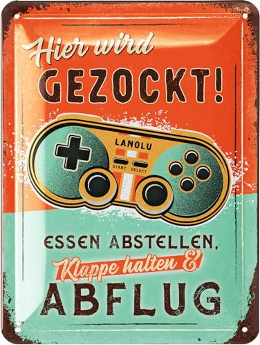 LANOLU Retro Blechschild Gaming Schild - HIER WIRD GEZOCKT Türschild BITTE NICHT STÖREN - Gamer Geschenk - Gaming Zone - lustige Deko Jugendzimmer für Zocker - als Metallschild mit Stanzung 15x20cm