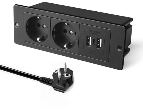 JACEPFY Versenkbare Steckdose 2-Fach Einbausteckdose mit 2 USB A Port 1 USB C Ladeanschluss Tischsteckdose Steckdosenleiste für Arbeitsplatte in Küche Büro