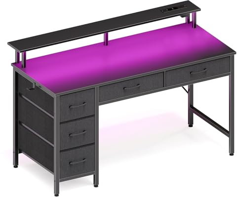 Seventable Computertisch mit Steckdosen & LED-Beleuchtung, 140cm Gaming Schreibtisch mit 5 Schubladen, Gaming Tisch mit Monitorständer, fürs Büro, Arbeitszimmer, Schlafzimmer, Wohnzimmer, Schwarz