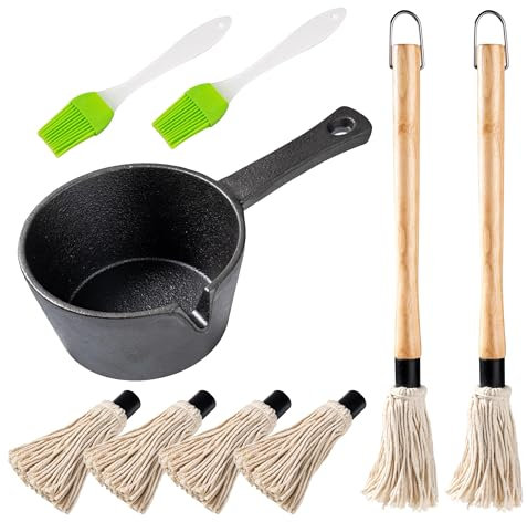 IMZSOK Lot de 11 casseroles en fonte pour barbecue avec 2 longues poignées de brosse, 6 têtes de brosse, 1 poêle à barbecue en fonte et 2 brosses en silicone pour griller tous les types d'ingrédients.
