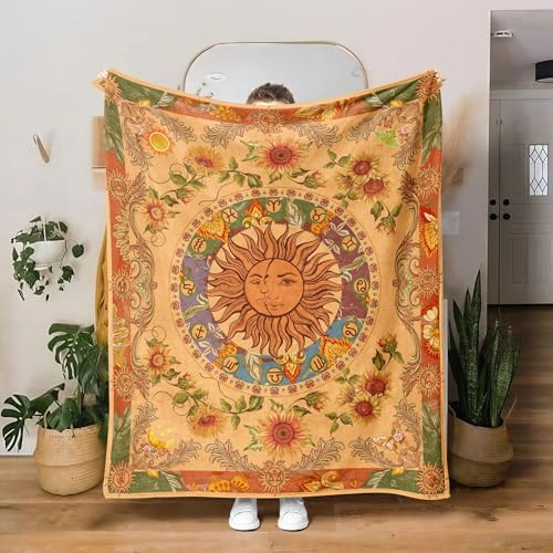 Leeisysme Fleece-Überwurfdecke mit Sonne und Mond, 70er-Jahre-Stil, Boho, Sonnenblumen, Sternbild, gemütliche Dekoration, Nickerchen-Decke für Sofa, Bett, Couch, Stuhl oder Wohnheim, Überwurf, 152,4 x