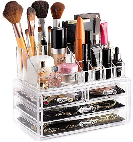 BSTMOME Cosmetic Storage Organizer with 4 Drawer, Easily Sort Make-up, Jewelry & Hair Accessories Makeup Organizer Skin Care Large Cosmetic Display Cases Stackable Storage Box - Clear