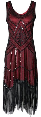 AMhomely 1920S Dresses for Women Fancy Dress Ladies Plus Size Dresses Party Sequin Tassle Midi Mesh Glitter Prom V Neck Bodycon Flapper Elegant Party Evening Gown Red 4XL