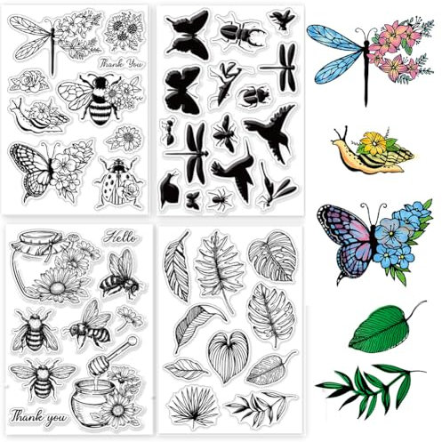 GLOBLELAND 4 Blatt Transparente Stempel Mit Insekten Und Blumenblättern Für Die Kartenherstellung - Schmetterlinge, Bienen, Silikonstempel Siegel Für DIY Scrapbooking