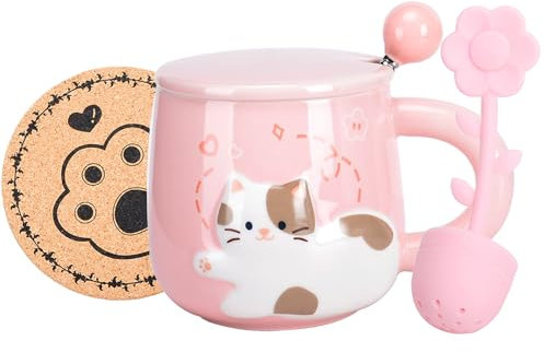 XinHuiGY Taza Gato Cerámico Café taza,Linda Hecho a mano Té Tazas con Tapa y Cuchara,Único Caliente chocolate Novedad tazas, Navidad Jarra Regalo, Cumpleaños por Muchachas (Gatito Rosa)