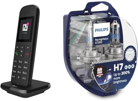 Telekom Speedphone 12 Schwarz Kabelloses Telefon,Eco-Mode,Strahlungsarm BRANDNEU & Philips Halogen RacingVision GT200 H7 Scheinwerferlampe +200%, Doppelset 12972RGTS2 Twin Box, Silber