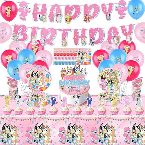 Decoración Cumpleaños, 103 Piezas Dog Cumpleaños Vajilla de Fiestas, Rosa Decoración de Fiesta Incluye Pancarta, Decoración para Tartas, Globos, Platos, Servilletas,Vaso de Papel, Pajitas y Manteles