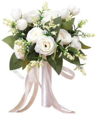 Bouquet da Sposa Fiori di Rose Artificiali Bouquet di Fiori da Sposa Rose di Seta Realistiche Bouquet di Rose Finte per Decorazione di Casa Matrimonio e Festa (Bianco)
