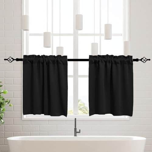 meioro Scheibengardine, Privatsphäre Vorhänge Gardine,Blickdicht Bistrogardine Küchenvorhänge für kleine Fenster,Halbe Kurzer Verdunkelungsvorhang für Wohnzimmer Landhaus, 2er Set (Schwarz,76Bx76H cm)