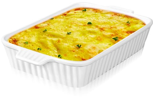 CYEER Auflaufform Groß Rechteckig, 38x23x8CM Lasagne Auflaufform Keramik, Ofenform Keramik mit Griffe für Aufläufe, Tiramisu, Lasagne (Weiß)