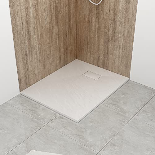 WITEN&NOCK SMC Duschwanne 90x70 cm Brausewanne weiß Steinoptik Antirutsch Duschtasse Höhe 3,2 cm Extraflach Brausetasse