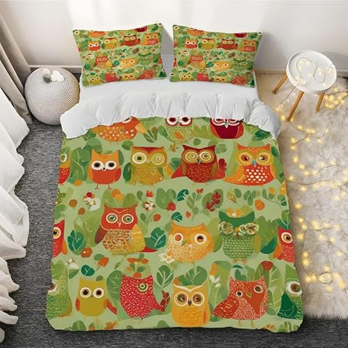 guluzai Bettwäsche 200x200 Cartoon-Eule, Grün Bettwäsche Set 3 Teilig, Mikrofaser Bettbezug 200x200, 3D Muster Bettbezüge mit Reißverschluss Schließung und 2 Kissenbezug 80x80 cm,