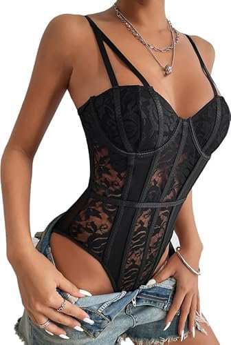 Haibang Women's Sexy Floral Lace Sheer Mesh Spaghetti Strap Cami Bodysuit Top Slim Fit Lingerie Bodysuit Sleeveless Corset Bustier Going Out Tank Top Clubwear