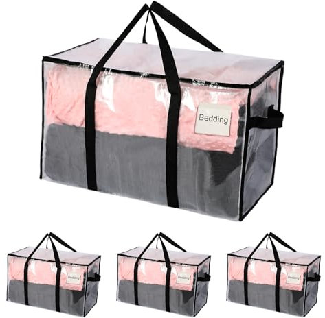 ZCYLPT 4 Pcs 105L Large Storage Bag, Large Moving Bag with Zips, Clear Waterproof Storage Bag with tag Window for Bedding, Camping, Clothes Storage or Moving Home