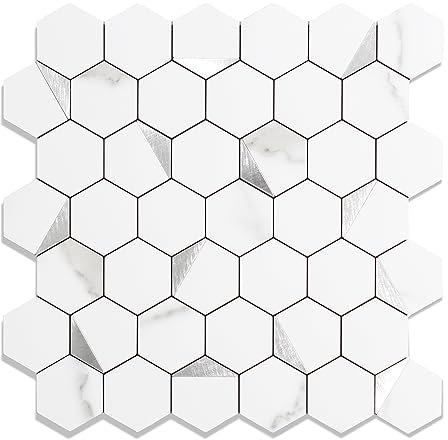 OYASIMI 10 PCS Hexagon Stick on Tiles for Kitchen Wall, Heat Resistant Self Adhensive Backsplash PVC Smart Tiles, 12'' Marble White Waterproof Peel and Stick Wall Tile for Bathroom