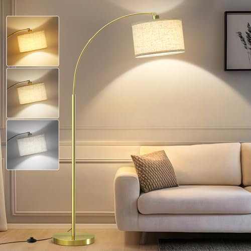 GyroVu Lámpara de Pie con Cabezal Ajustable, Lámpara Alta de 3 Colores con Interruptor de Pie Lámpara de Esquina Arqueada para Dormitorio Oficina (Dorado)