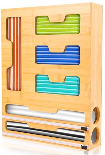 LudoHome 6-in-1 Bamboo Kitchen Organiser with Food Storage and Aluminium Foil Cutter, Freezer Bag Dispenser, 43 x 33 x 9.6 cm, 4 Compartments for Zip Bags, 2 Integrated Cutting Machines