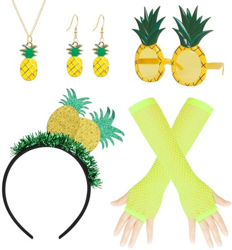 O-Kinee Ananas Kostüm Damen,Haarreif Ananas,Ananas Deko,Hawaii Outfit Damen Haarschmuck,Lustige Brille Handschuhe Halskette Ohrringe,Kostüm Accessoire für Mottoparty Karneval Fasching