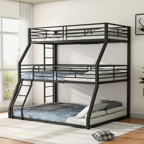 Zravenna Dreifach-Etagenbett Hochbett 90x200 cm mit Leiter, Metallbett Eisenbett, Familienbett Hochbett für 3 Kinder, Jugendliche und Erwachsene, Schwarz