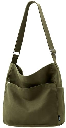 Kalidi Canvas-Tragetasche, groß, Hobo-Umhängetasche, Handtasche, Reißverschluss, Kuriertasche für Damen oder Herren, Freizeit, Uni, Arbeit, Grün (Army Green), Nutzfahrzeug