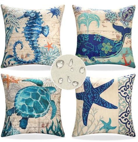 EliteHomeComforts Kissenbezug Outdoor Wetterfest 40 x 40 cm, 4 Stück Kissenbezüge Muster Marine Tiere, Kissenhülle Maritim, Kissenhüllen Leinenoptik, Dekokissen Bezug, für Sofa Couch Stuhl Deko