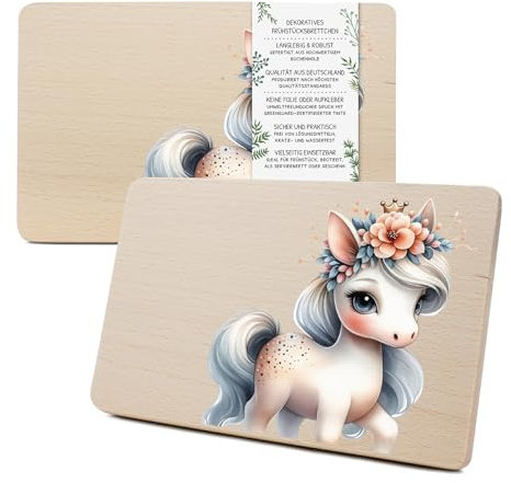 Yabaduu Individuelles Holzbrett für Kinder 23,5x15cm Frühstücksbrettchen Brotzeitbrett personalisiert aus Holz Tier-Motiv als Geschenk Geburtstag Kind RV007 (10 Pferd, Ohne Wunschname)