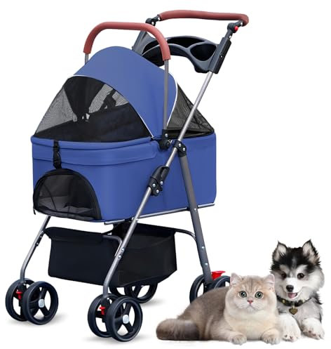 Haibinsuo 2-in-1 Klappbarer Houndewagen für KLEINE Hunde & Katzen-4 Räder Hundekaren MIT Abnehmbarem TransportKorb, CE-Abtifizier, Leicht & Wetterfest für Auto/Ausflüge (Max. 25 kg) 1 Satz