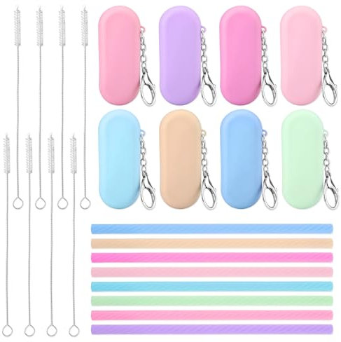 8 Sets Reusable Straws Travel, Collapsible Portable Straw with Cleaning Brushes Silicone Straws with Case for School Office Party Picnic Travel (8Color)