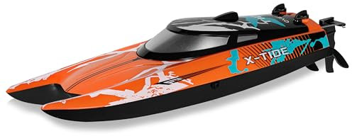 Overmax X-Tide Ferngesteuertes RC-Speedboat Rennboot mit LED 25 km/h 1200 mAh Akkus 34 Minuten Spaß Geschwindigkeitsregulierung Reichweite bis zu 100 m, Schwimmbad- und Seespielzeug
