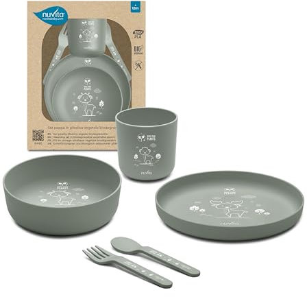Nuvita 8465 Set Pappa in Bioplastica – Piattino, Ciotola, Tazza e Posate in PLA Biodegradabile – Lavabile in Lavastoviglie, adatto per Microonde, Atossico, Senza BPA e Ftalati – 6 Mesi+ - Sage Green