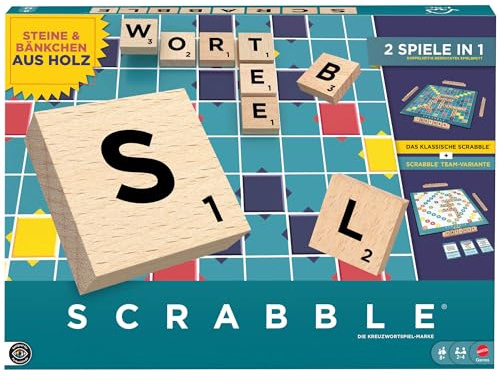 Mattel Games Scrabble-Brettspiel mit Holzsteinen, deutsche Ausgabe | Zwei Spielmodi: Klassisches Scrabble und kooperativer Modus, 56 Karten, ab 8 Jahren, 2-4 Spieler, JGR62