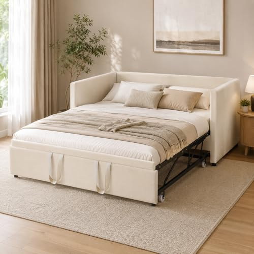 Schlafcouch 90/180x200 cm, Tagesbett Ausziehbar Mit Gästebett, Ausziehbett Gleiche Höhe, Klappsofa Mit Schlaffunktion, Schlafsofa Polsterbett Ausziehbar Für 2 Personen, Samt, Beige, Ohne Matratze