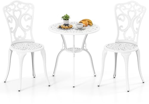 COSTWAY 3 Pieces Patio Bistro Set, Cast Aluminum Weather Resistant Table and Chairs with Umbrella Hole and Adjustable Foot Pads, Outdoor Garden Furniture Set for Porch Backyard Poolside, White
