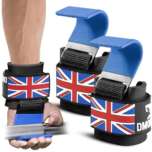 DMoose Fitness Weight Lifting Hooks (Pair) for Deadlifts, Pull Ups, Rows & Shrugs - Anti-Rip Nylon Strap Hand Grips with Thick Wrist Padding - Heavy Duty Wrist Straps for Weightlifting (British Flag)