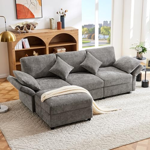 Oxtao L-förmiges Ecksofa mit Fußhocker, umwandelbares 3-Sitzer-Schlafsofa, 4 Kissen, verstellbare Armlehnen, bequemer Chenille-Stoff, geeignet für Wohnzimmer/Büro/Wohnung (Grau)