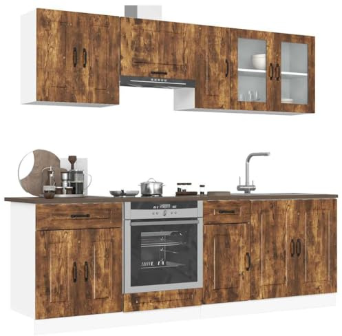 Qnhdfrt Kalmar smoked oak kitchen cabinet set 8 units engineered wood wall and base cupboards for pans crockery 80 x 46 x 81.5 cm modern storage system for kitchen living room pantry