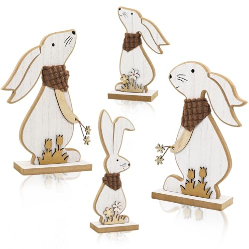 Forbabe 4 Stück Deko Aufsteller für Ostern, Osterhasen Deko Groß aus Holz | Niedliche Osterdeko Holz zum Hinstellen Osterhasen mit Schal für Tisch & Fensterbank zum Osterfeier Osterdekoration Innen