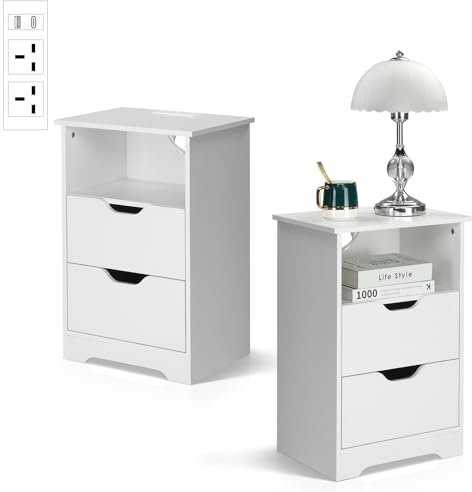 Karl home Bedside Table Set of 2 Side End Table Nightstand with Power Strip | with 2 Drawers, Open Storage Shelf, 2 AC Outlets, USB & Type-C Port, Night Stand for Living Room, Bedroom, White