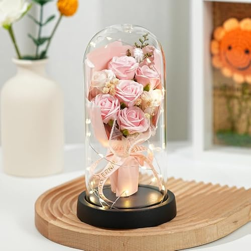 zCloud Flowers Fresh Bouquet,7 Eternal Roses in Glass Dome with LED Lights Luxury Artificial Flower Gift for Women Wife Mum Birthday Valentine's Day Anniversary Wedding Home Decor (Pink)