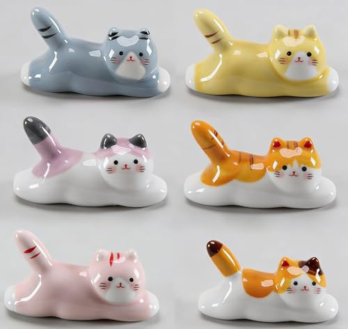 Japanese Sundries Ceramic Chopstick Holder Six-Piece Set, Animal Series Running Country Cat Design, Decorative Accent for Home & Taverns, Ideal Souvenir Gift