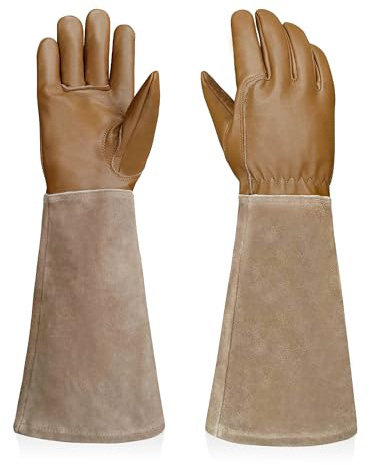 Intra-FIT Gartenhandschuhe aus Leder,Dornenfeste Lange Rosenhandschuhe mit Ziegenleder-Handfläche und Rindleder-Stulpe für Garten, Rosen, Sträucher & Obstbäume(Braun,S)