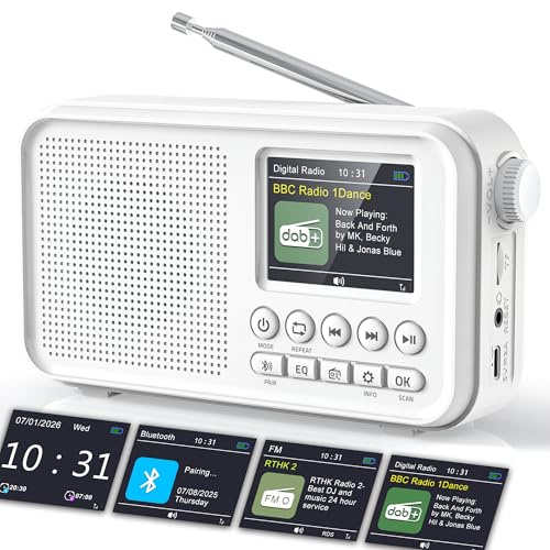 Tragbares DAB/DAB+ Radio mit 3000mAh Akku, UKW Digitalradio mit Bluetooth | EQ-Modi, 80 Voreingestellte, 2,4 großes Farbdisplay, Für Küche, Camping, Garten