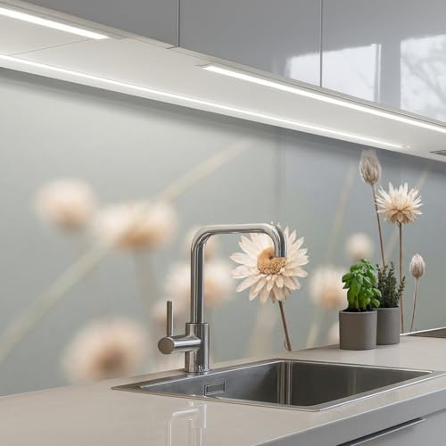 KitchenYeah© Rückwand Küche Rückwandschutz Selbstklebend Spritzschutz | 80x250 cm - Küchenrückwand Küchenfront Küchen Selbstklebende Küchenrückwände Strohblumen - Weiß - Tageslicht