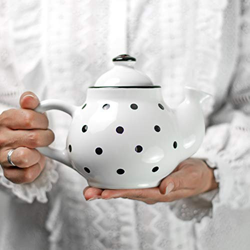 City to Cottage® - Teekanne Kaffeekanne für 2 Tassen | Weiß und Schwarz | Polka Dots | Handgemacht | Teekanne Keramik Geschirr | 750 ml