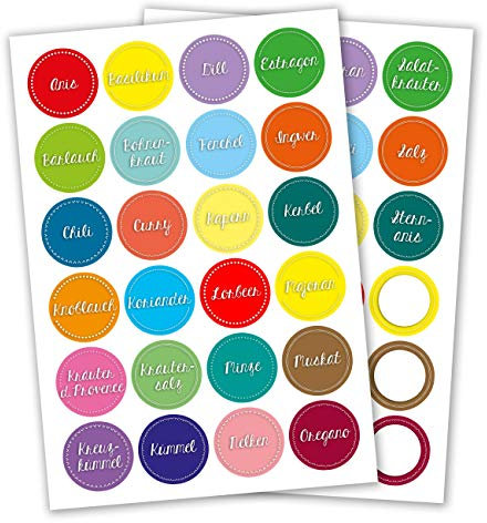 Papierdrachen 24 runde selbstklebende Gewürzetiketten/Gewürzaufkleber - Ideal für Gewürz-Regale, Dosen und Gläser - elegante, moderne und zeitlose Sticker Ø 4cm - Motiv Bunt Set 4