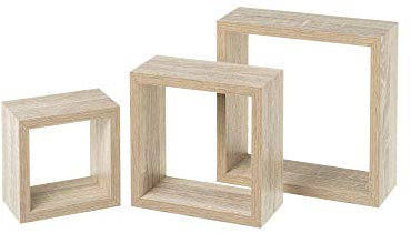 LOLAhome Set de 3 Estantes Cubo Pequeños de Madera MDF Beige/Capacidad 5 kg / 2 Tamaños Disponibles/Incluye herrajes de Pared/Estantes Flotantes con 3 Medidas 25, 20 y 15 cm