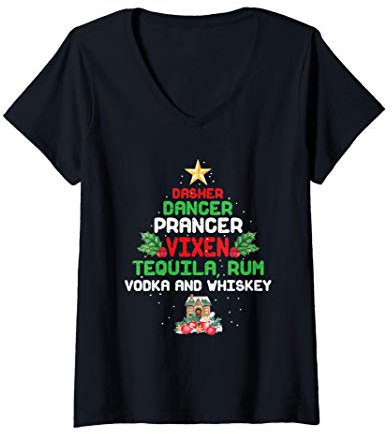 Femme Dasher Dancer Prancer Vixen - Tequila Rum Vodka Whiskey T-Shirt avec Col en V
