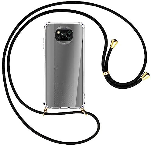 mtb more energy® Collar Smartphone para Xiaomi Poco X3 Pro, X3 NFC (6.67'') - Negro/Oro - Funda Protectora ponible - Carcasa Anti Shock con Cuerda Correa